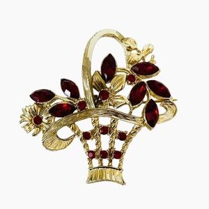 Vintage Brooch Pin Gold Tone Red Rhinestones Basket Of flowers With Leaves Stems